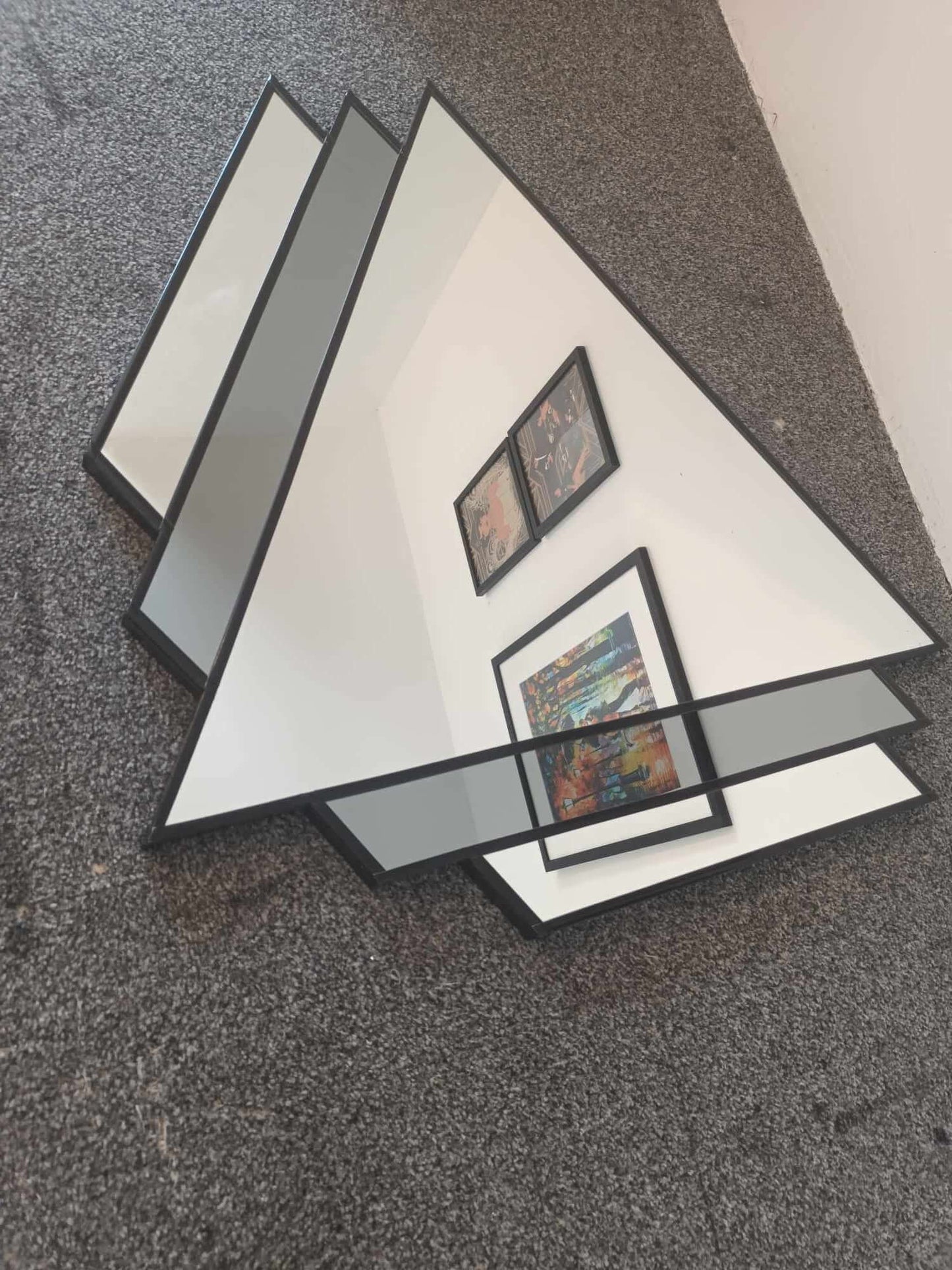 Double W Art Deco Wall Mirror in Black Finish and Grey Mirror Glass