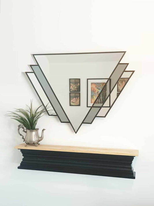 Double W Art Deco Wall Mirror in Black With Grey Mirror Glass
