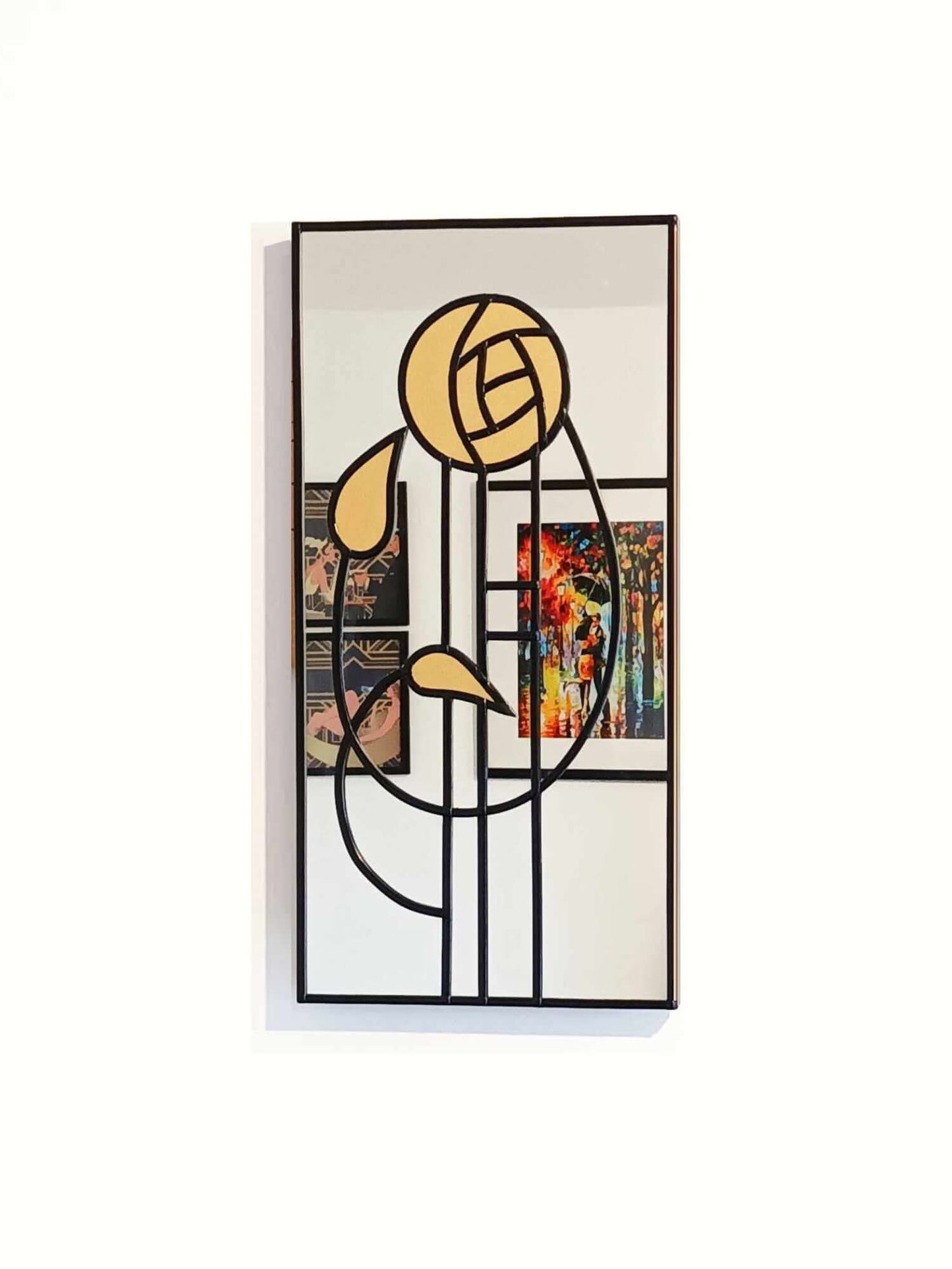 Rennie Mackintosh Style Art Deco Wall Mirror with Gold Frosting Stain Glass