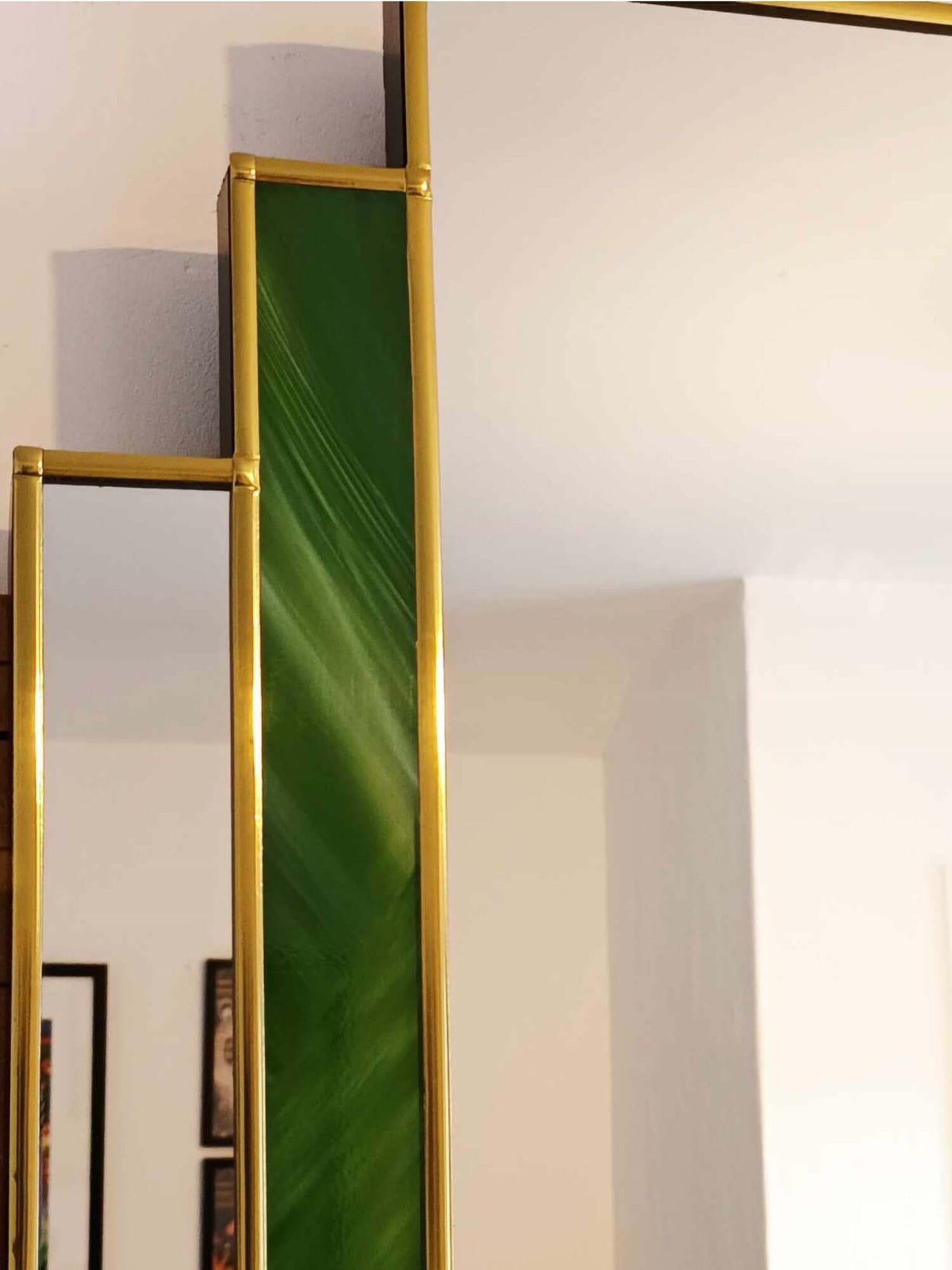 The Omega Brass and Green Stain Glass Style Art Deco Mirror