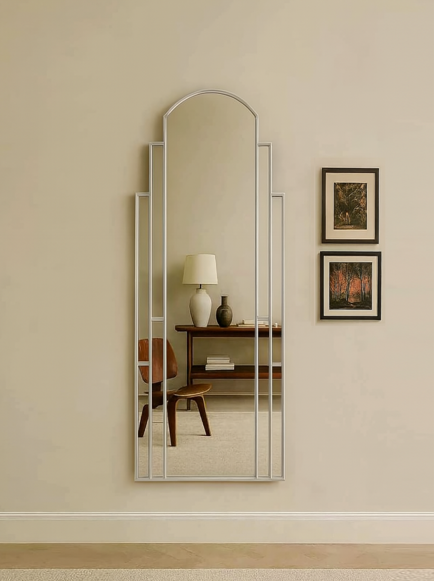 Revival Art Deco Full Length Wall Mirror in Silver