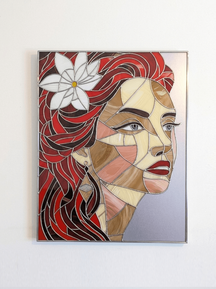 Stained glass artwork of a woman's face with red hair and a white flower on a white background in Silver