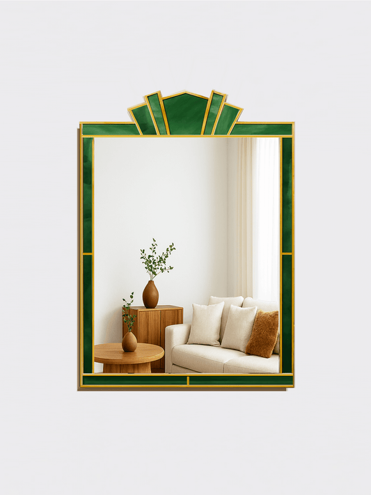 Luxury Stained Glass Art Deco Wall Mirror in Brass