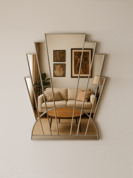 Decorative wall mirror with geometric design reflecting a living room.