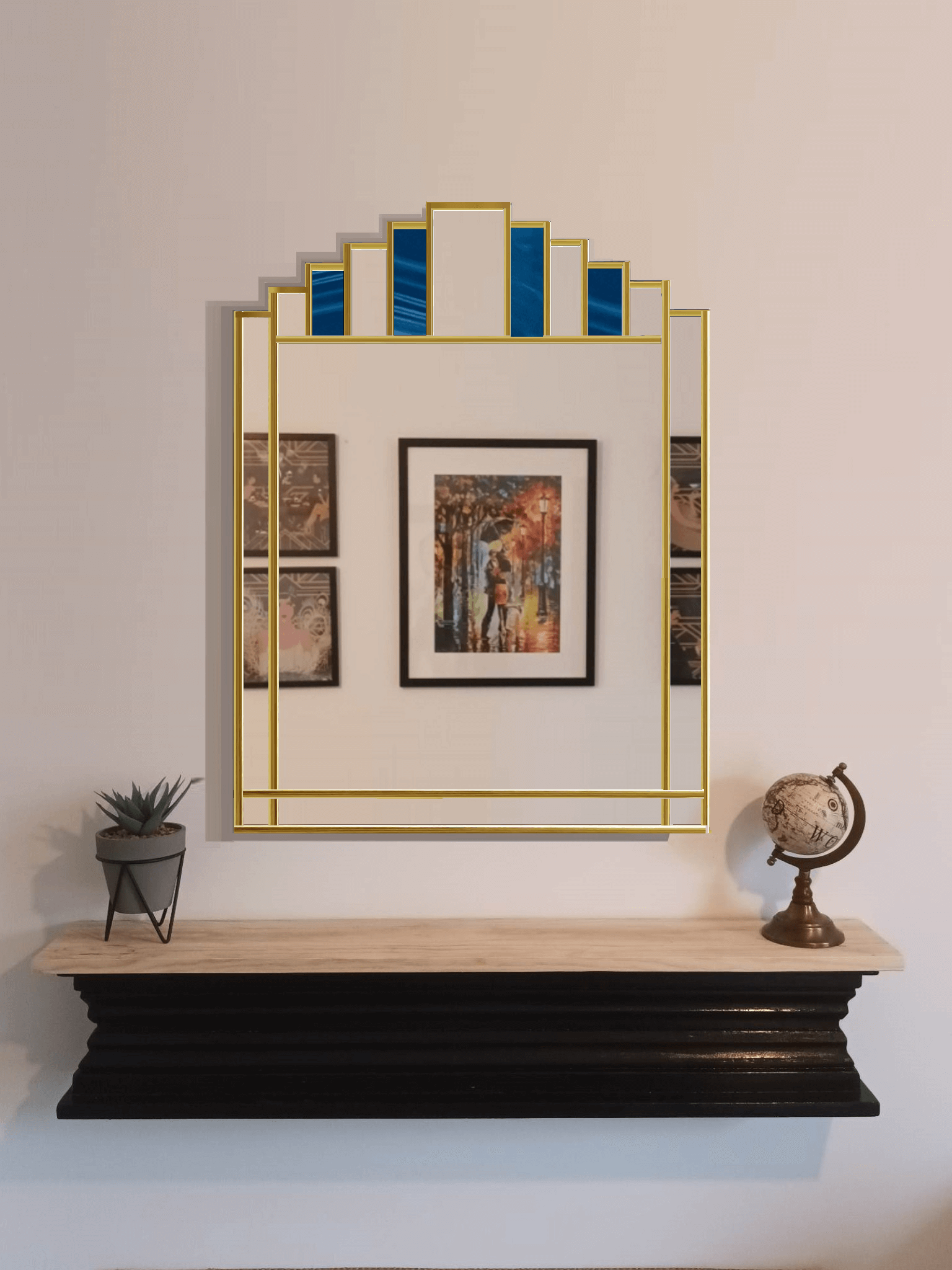 1930s Blue Stain Glass Art Deco Mirror With Gold Leading