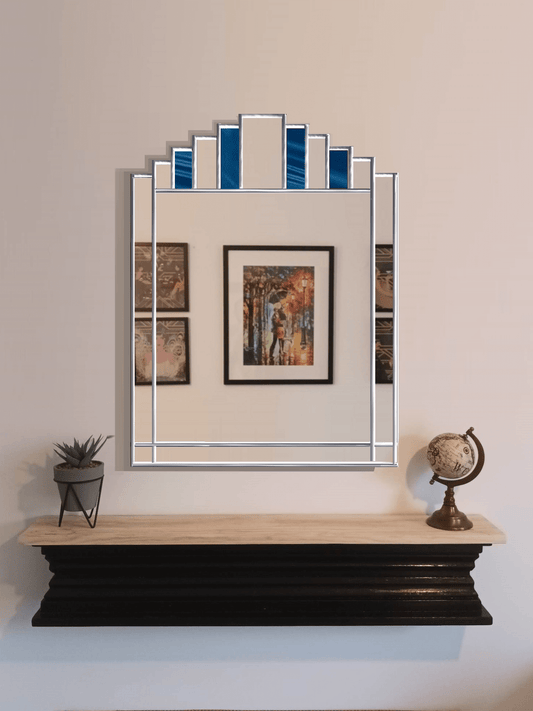 Large Silver Art Deco Mirror Made in the UK With Blue stain Glass