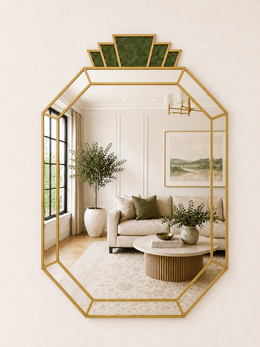 An octagonal wall mirror with a gold metal frame and green velvet top panels, reflecting a styled living room interior.