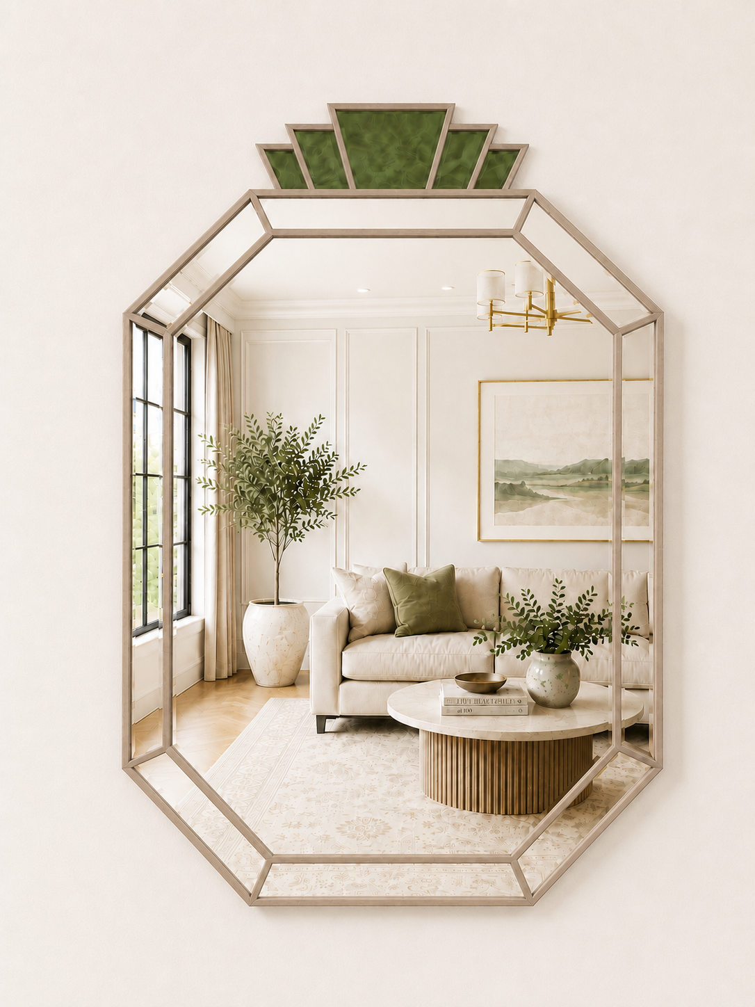 An octagonal wall mirror with a light wood frame and green geometric accents at the top, shown reflecting a styled living room interior.