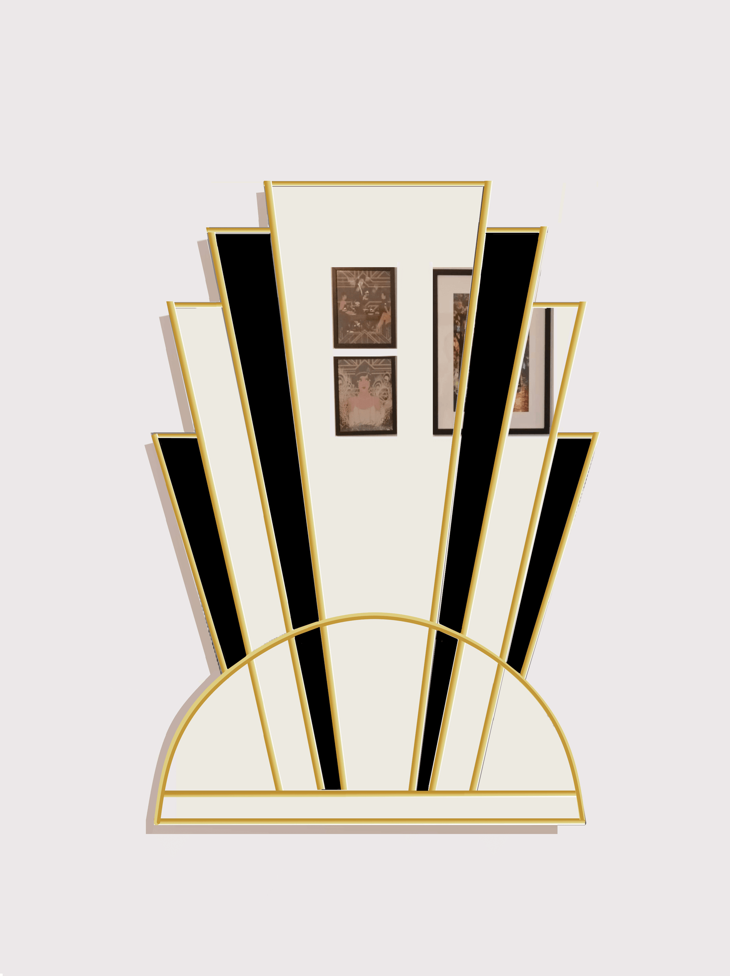 Art Deco Fan Wall Mirror in Brass Finish with Black Glass Panels