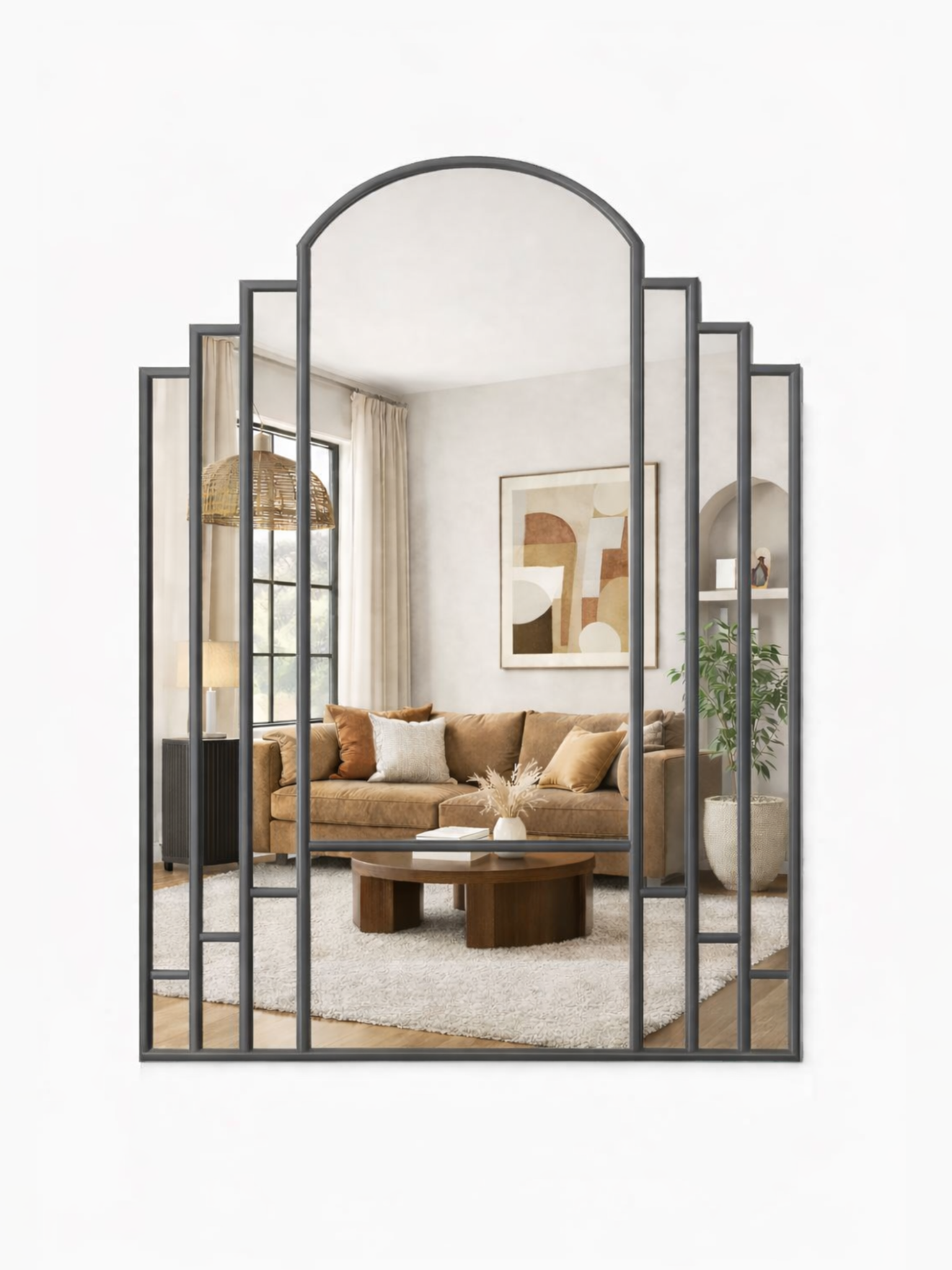 Decorative mirror with a living room reflection on a white background