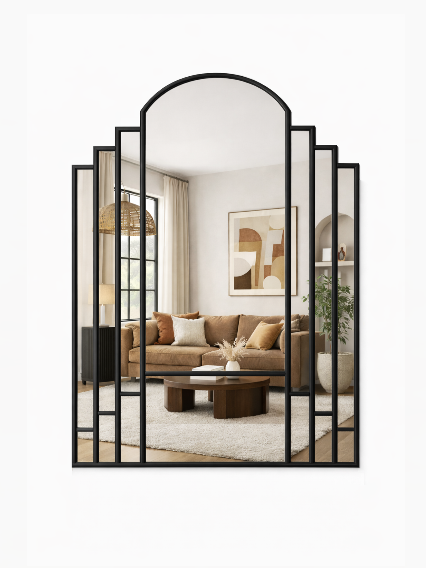 Decorative mirror with geometric frame in a living room setting