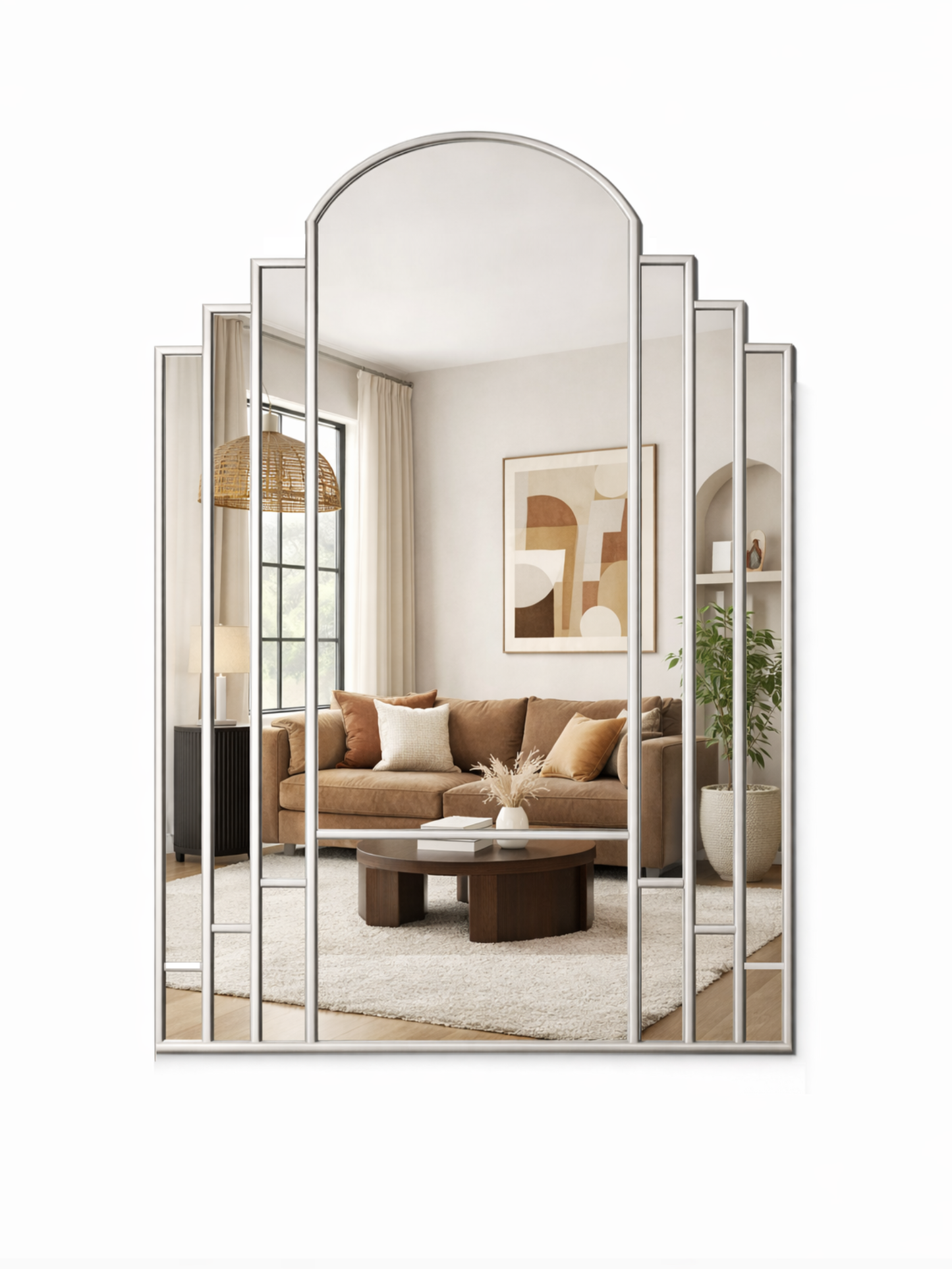 Decorative wall mirror with a modern living room reflection