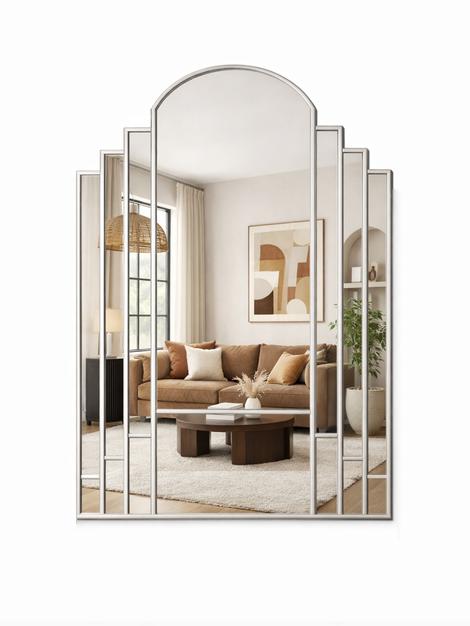 Decorative wall mirror with a modern living room reflection