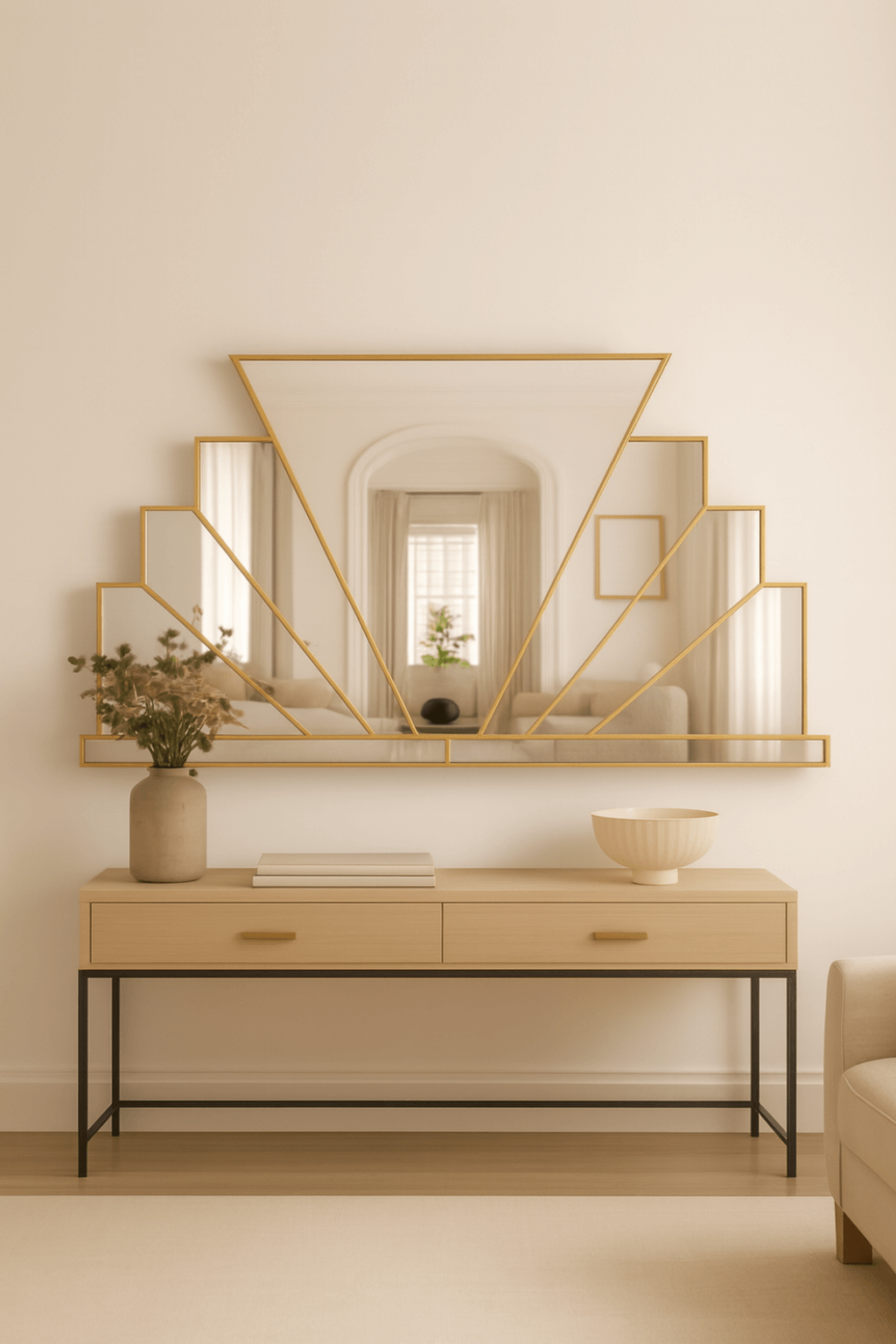 Eruption Overmantle Art Deco Wall Mirror in Brass
