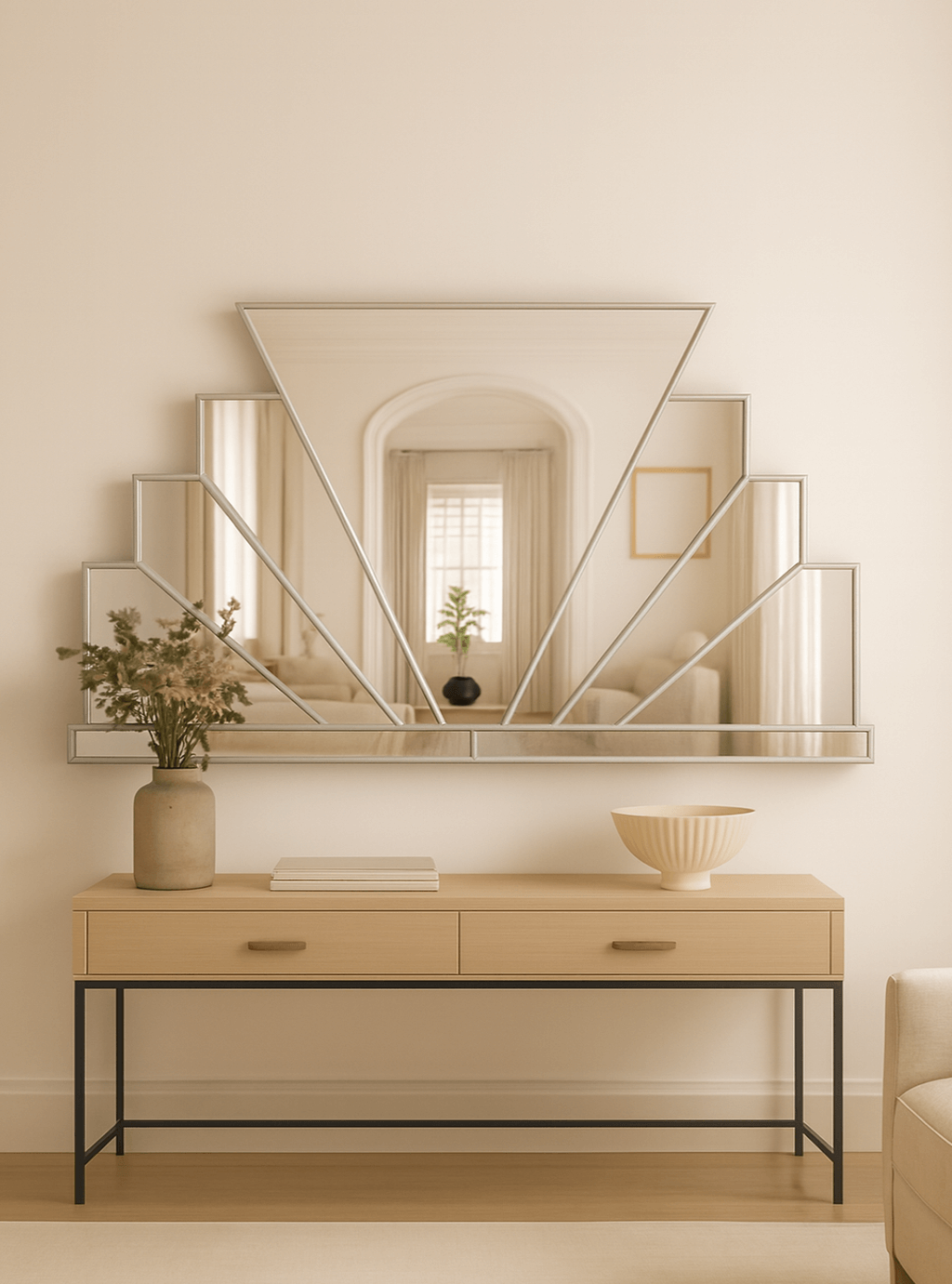 Eruption Overmantle Art Deco Wall Mirror in Silver