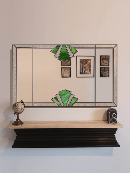 Extra Large Art Deco Wall Mirror With Green Stain Glass