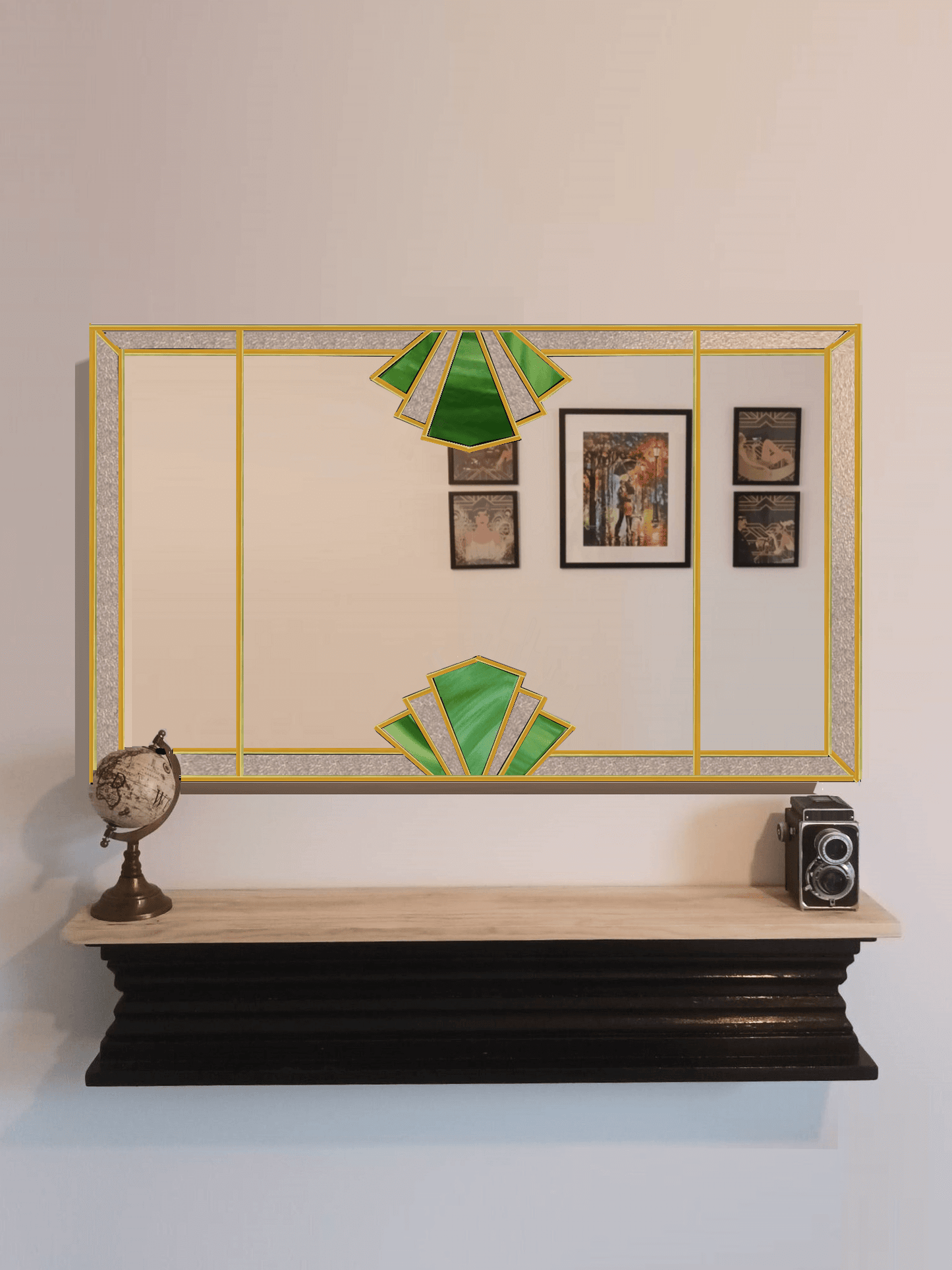 Brass/ Gold and green stain glass mirror
