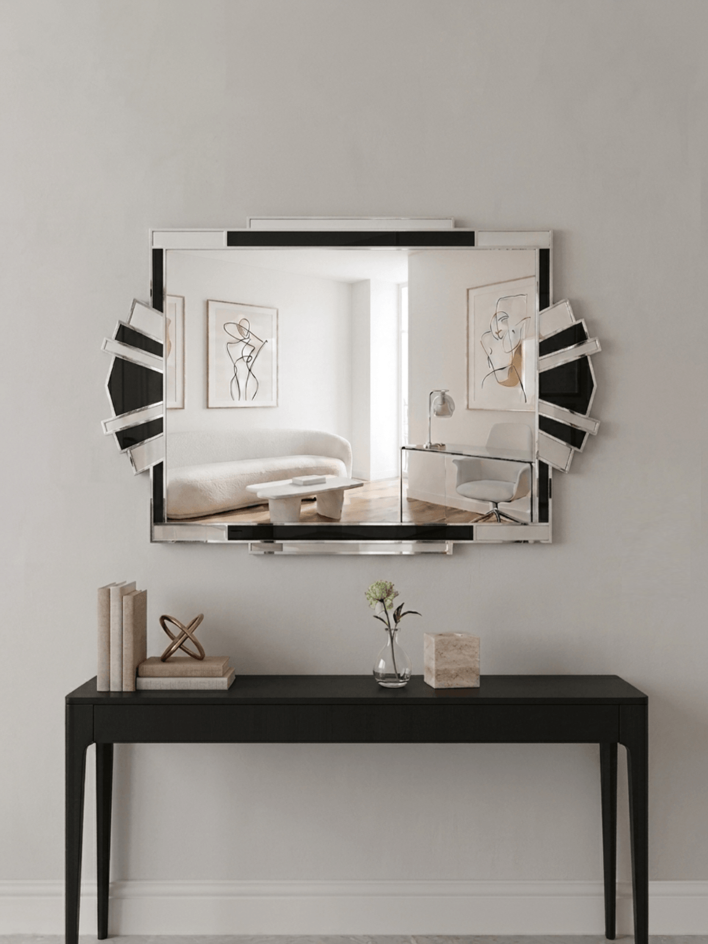 Fantasy in Black Art Deco Wall Mirror in Silver