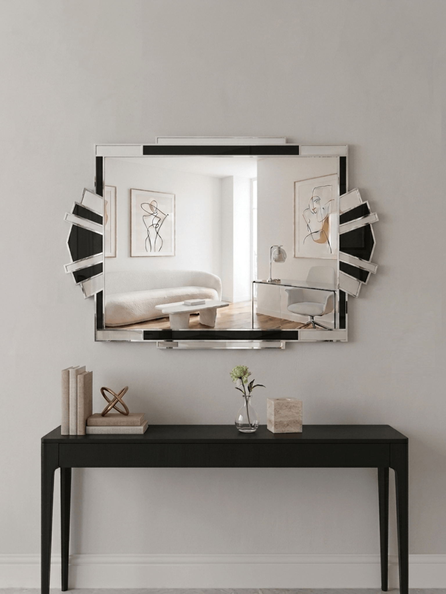 Fantasy in Black Art Deco Wall Mirror in Silver