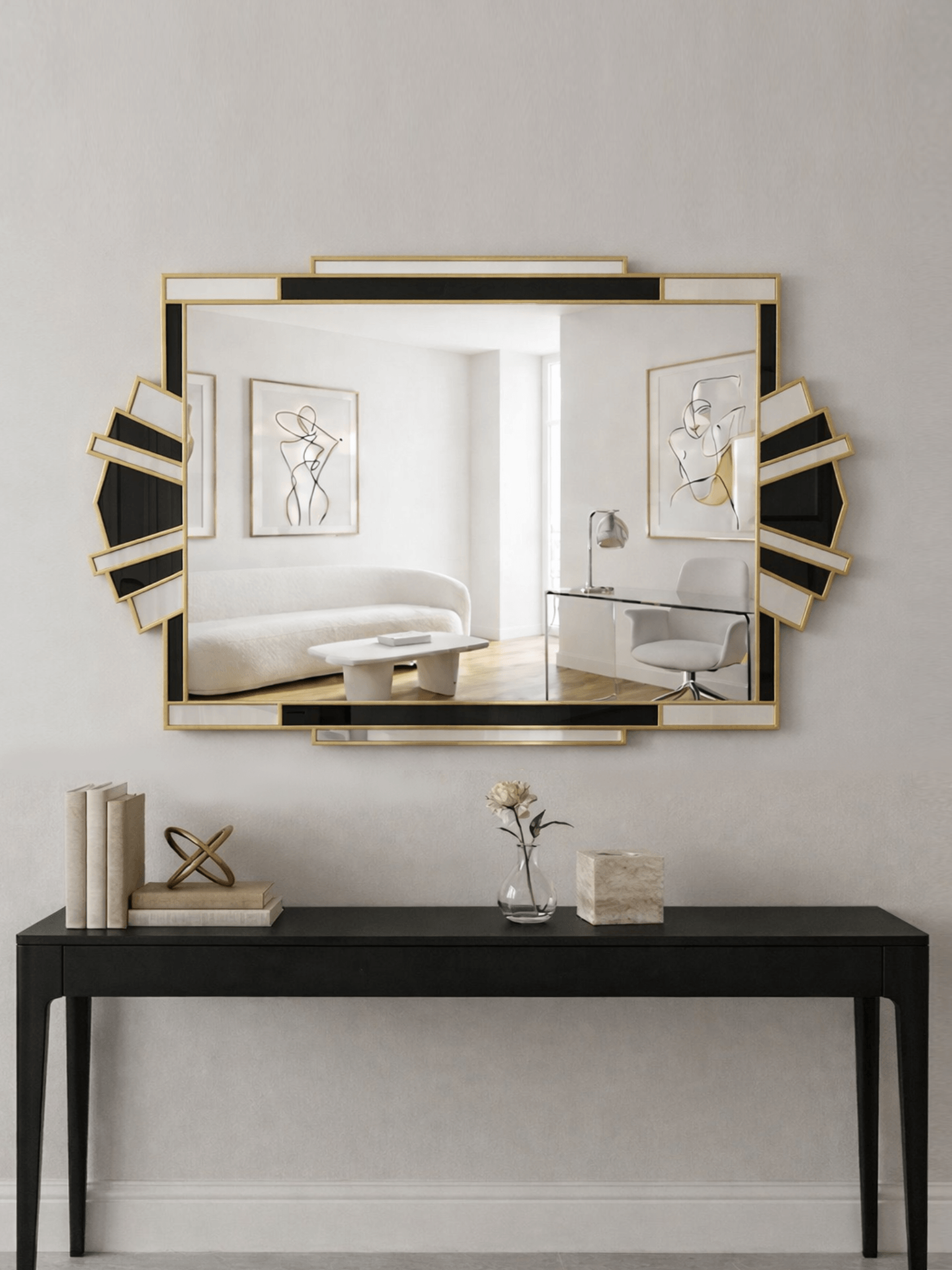 Fantasy in Black Art Deco Wall Mirror in Brass