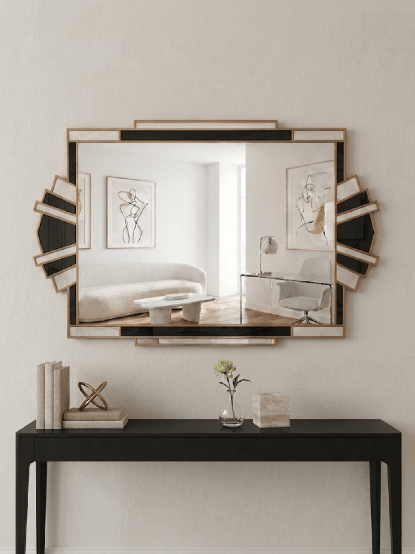 Fantasy in Black Art Deco Wall Mirror in Gold