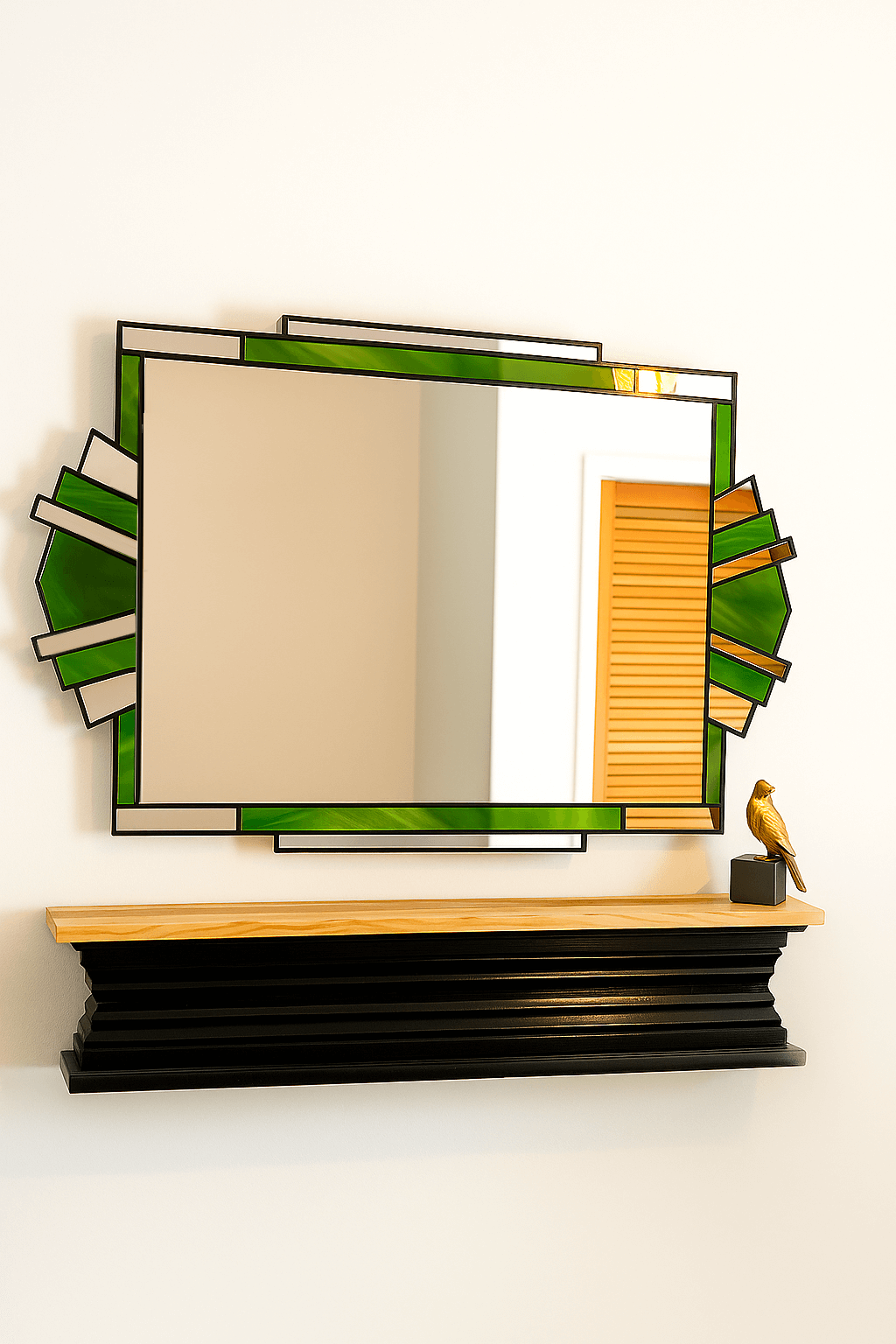 Large Overmantle Art Deco Mirror Exclusive JPC Mirrors Made in the UK with Green Stain Glass and Finished in Black
