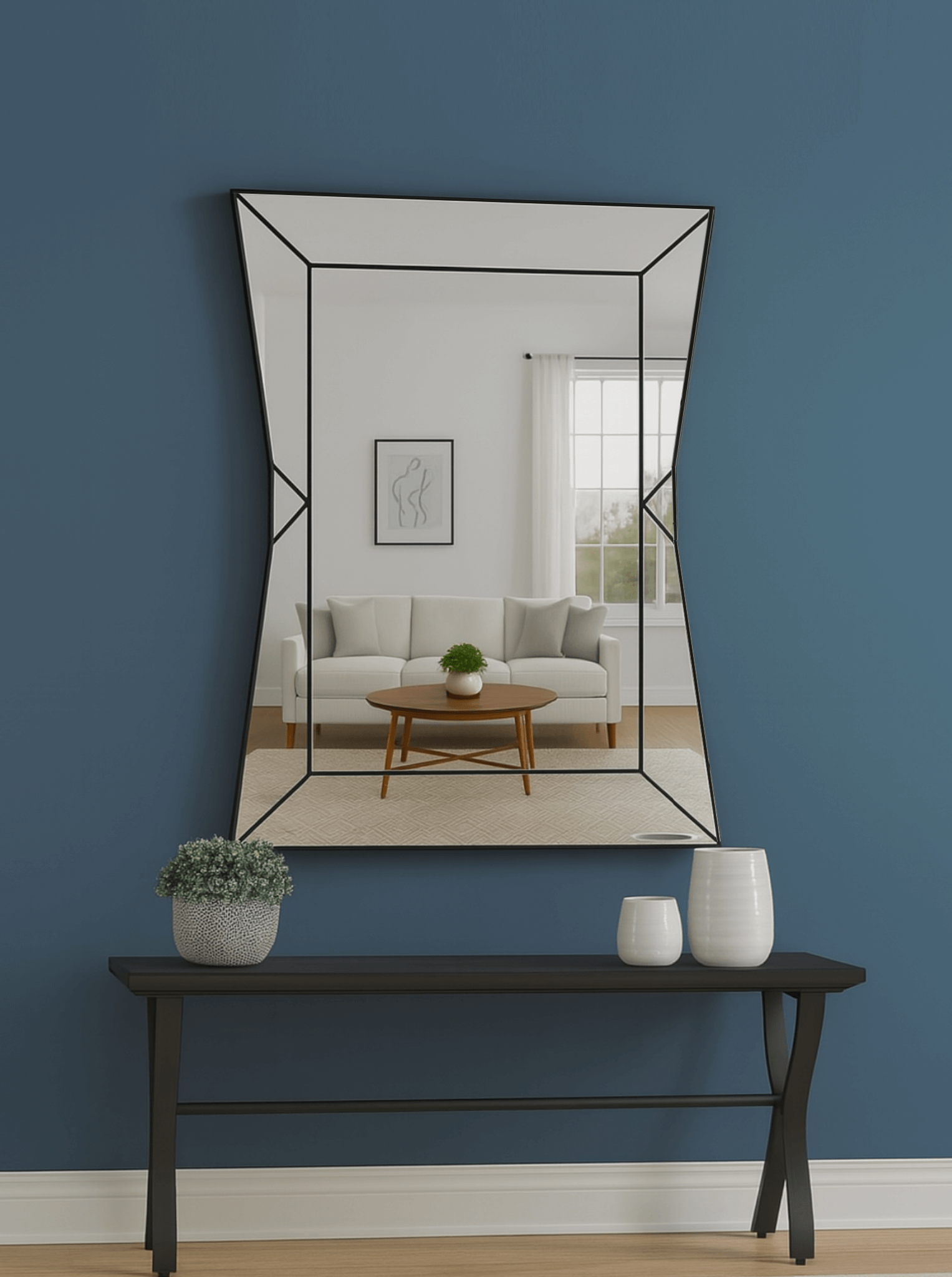 Hourglass Art Deco Wall Mirror in Black Trim