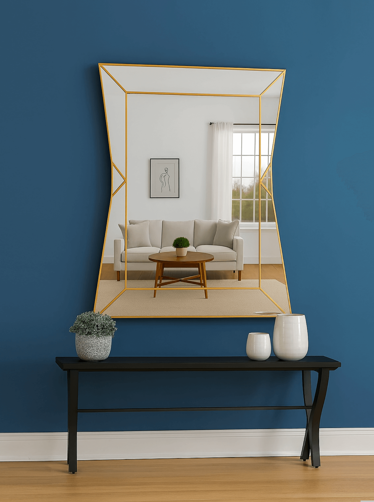 Hourglass Art Deco Wall Mirror in Brass