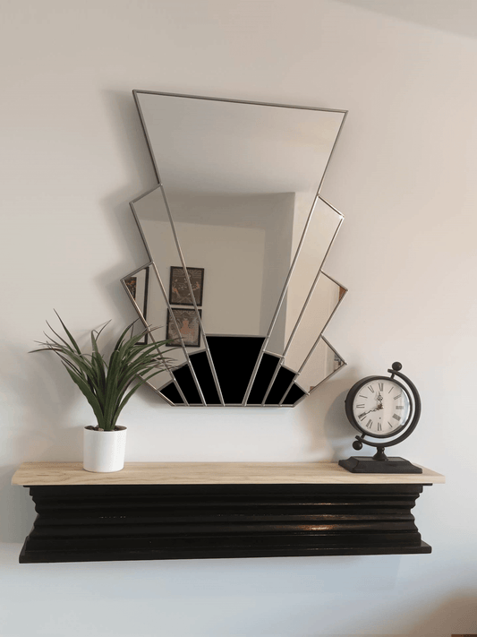 Large art deco wall mirror in silver trim and black glass stain glass effect