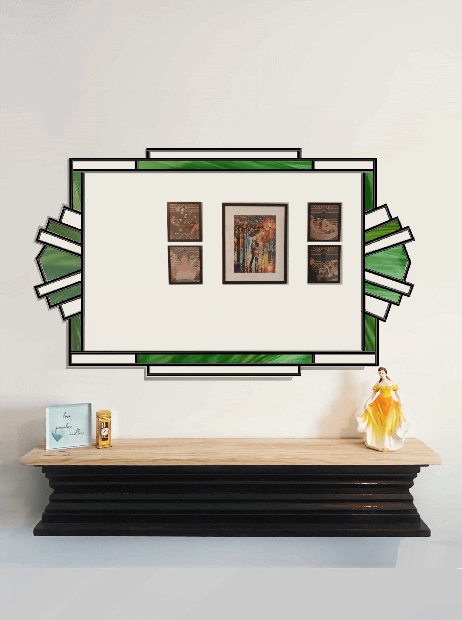 Large Overmantle Art Deco Mirror Exclusive JPC Mirrors Made in the UK with Green Stain Glass and Finished in Black