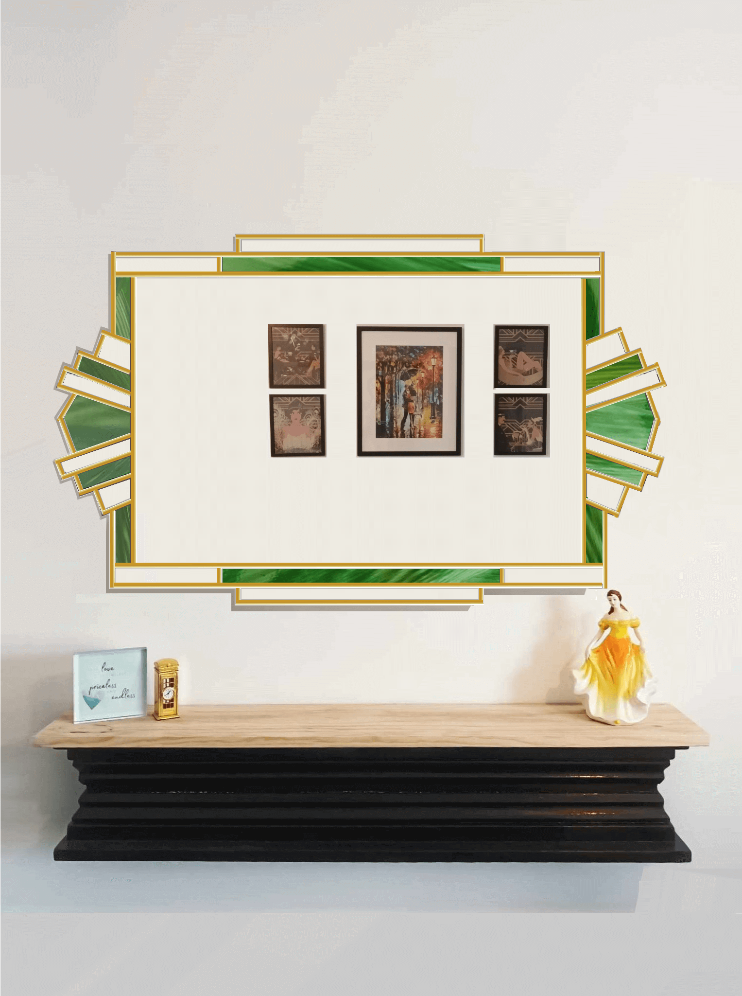 Large Overmantle Art Deco Mirror Exclusive JPC Mirrors Made in the UK with Green Stain Glass and Finished in Brass