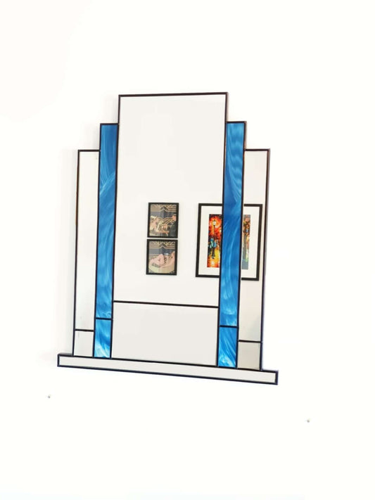 Omega Art Deco Wall Mirror With Blue Stain Glass Exclusive JPC Mirrors Made in the UK
