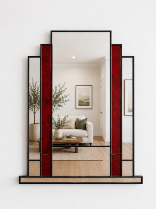 Decorative mirror with red and black frame in a room with a couch and coffee table.
