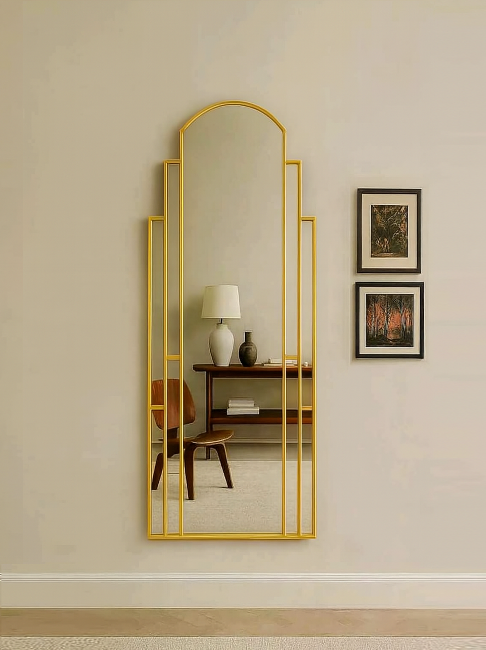 Revival Art Deco Full Length Wall Mirror in Brass