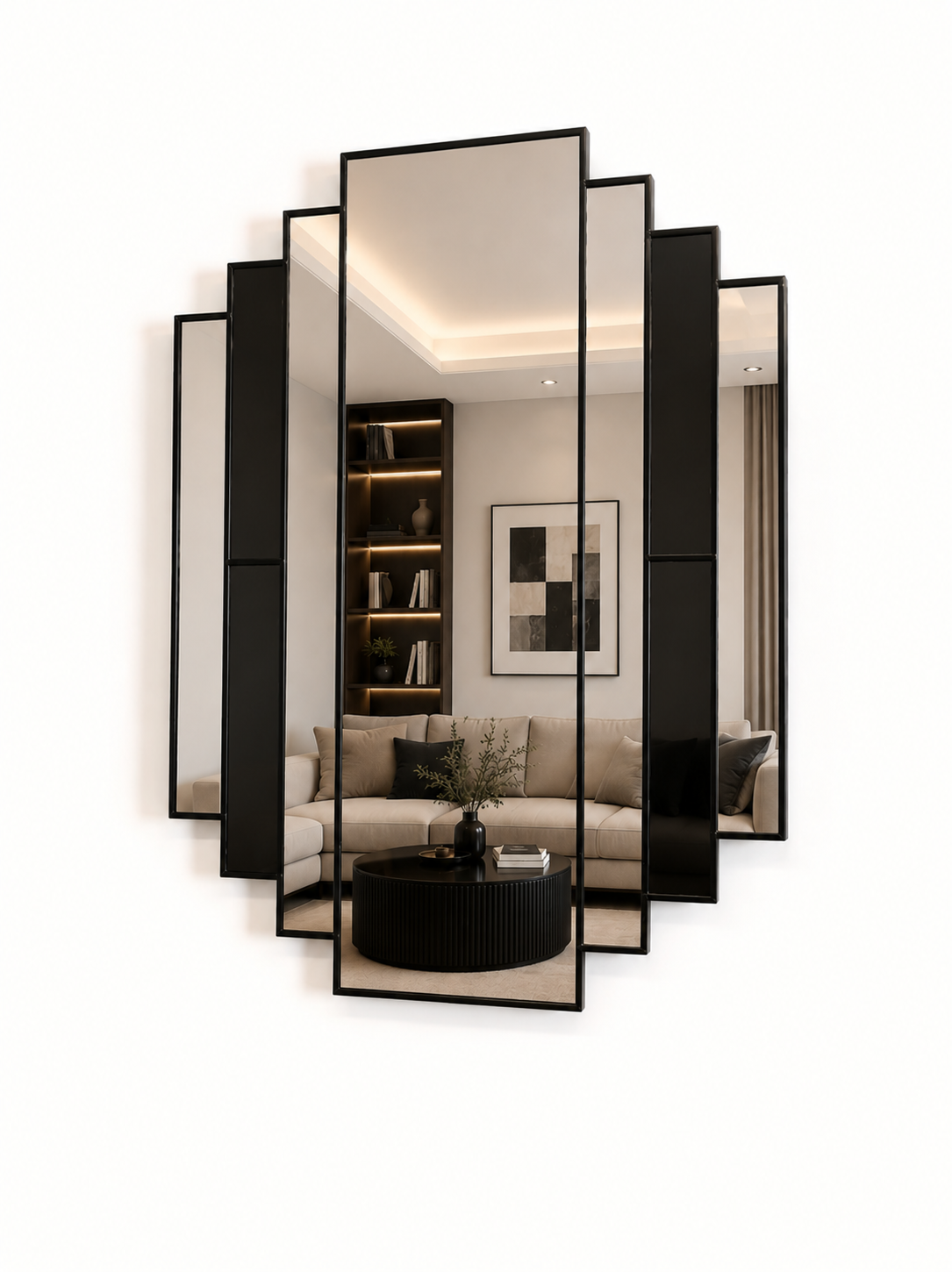 A modern multi-panel black-framed wall mirror with a staggered, layered design, shown mounted on a white wall with a reflection of a contemporary living room.