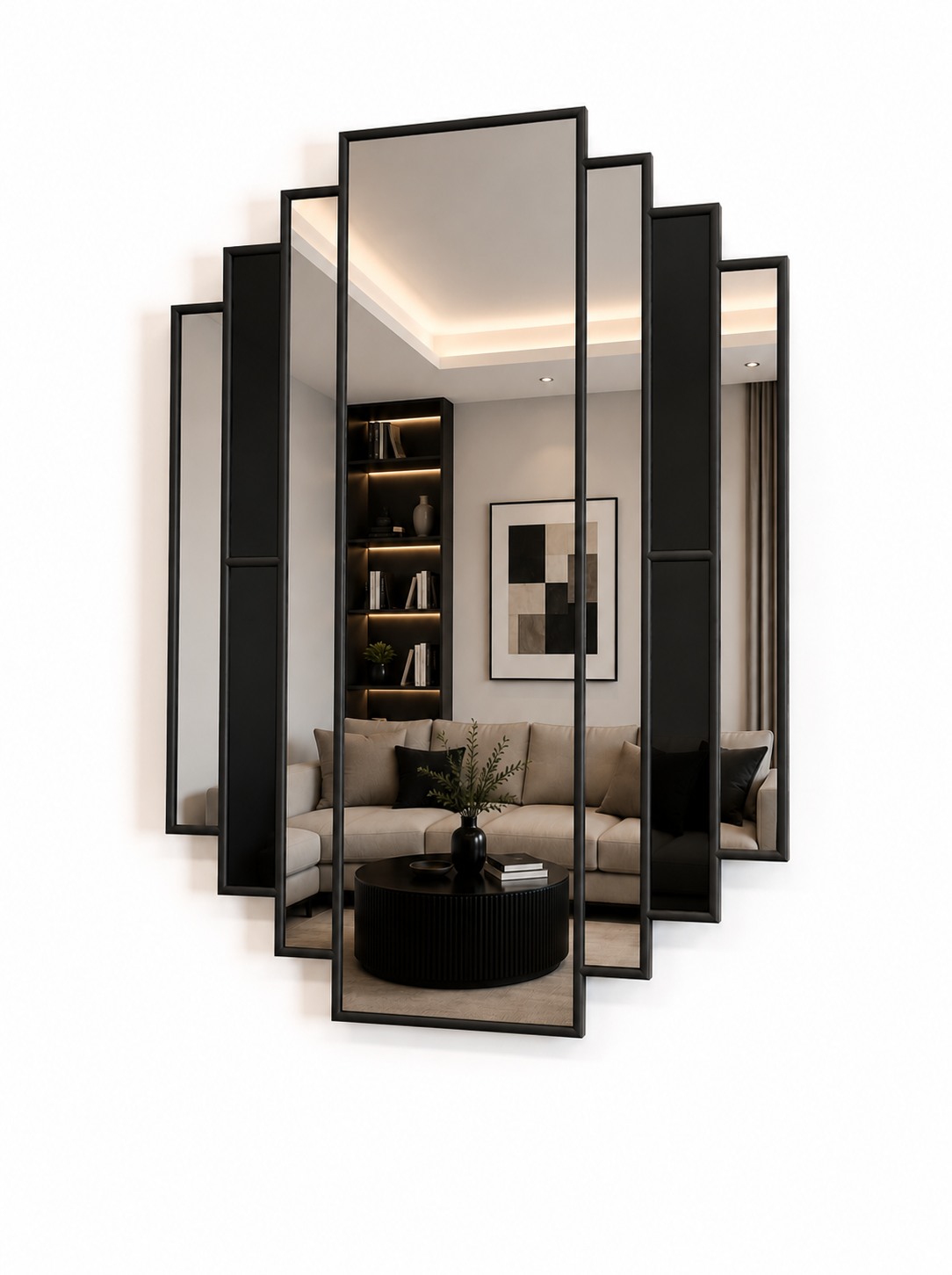 A modern multi-panel wall mirror with a black frame, shown against a plain white background. The mirror is composed of five overlapping vertical panels, with the center panel facing forward and the side panels angled inward, reflecting a contemporary living room interior.