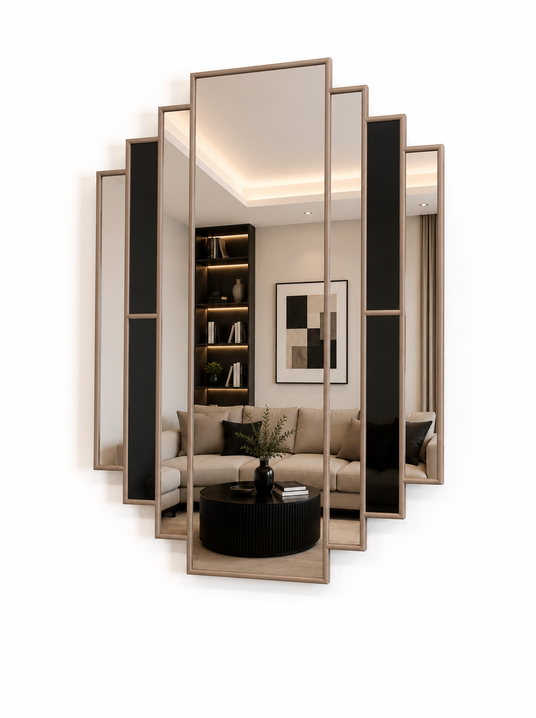 A modern multi-panel asymmetrical wall mirror with a brushed gold metal frame, reflecting a contemporary living room interior with a beige sofa, black coffee table, and shelving.