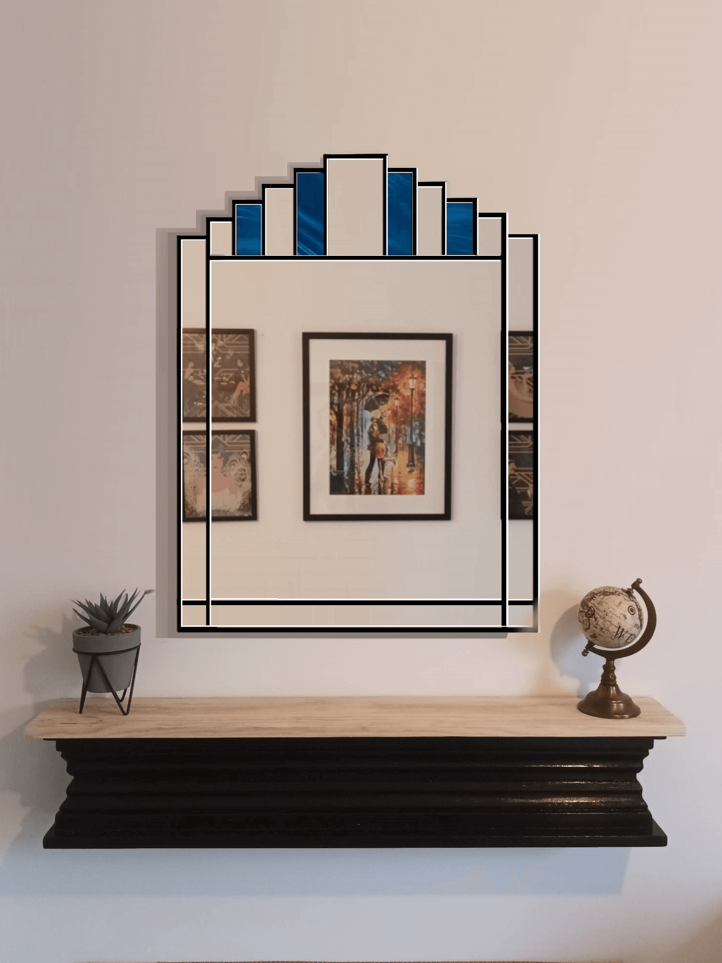 Blue Stain Glass Art Deco 1930's Style Wall Mirror