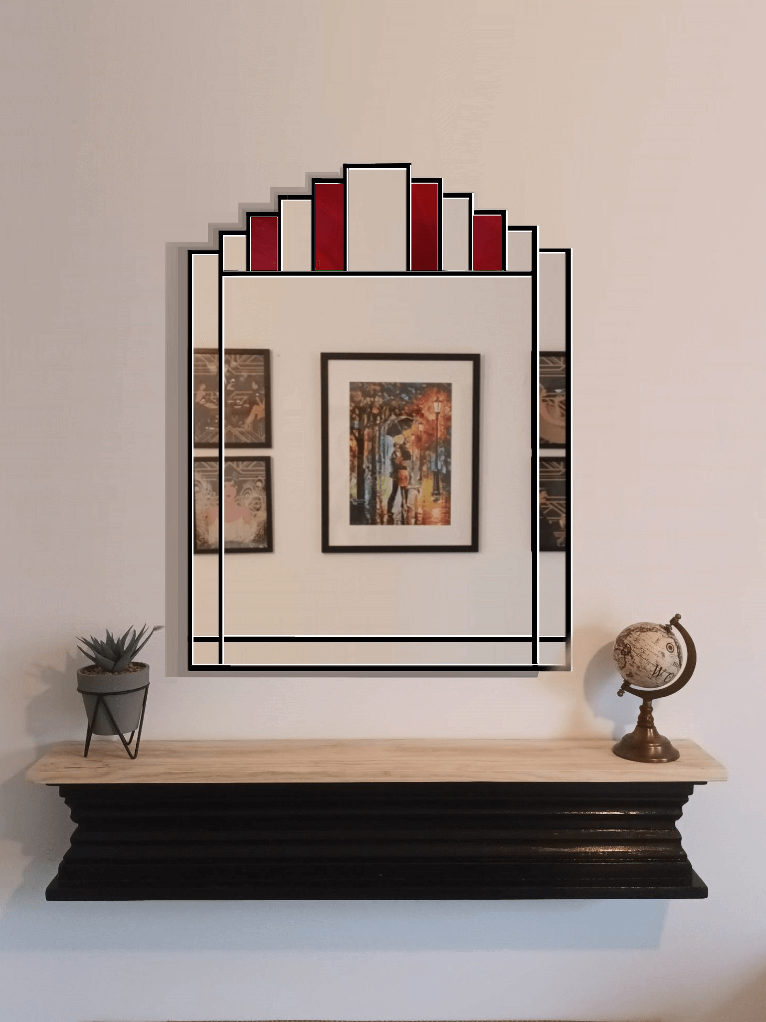 Large Art Deco 1930's Style Wall Mirror with red stain glass