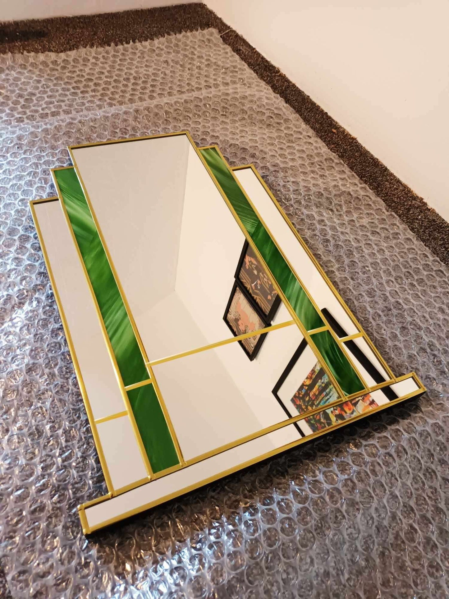 The Omega Brass and Green Stain Glass Style Art Deco Mirror