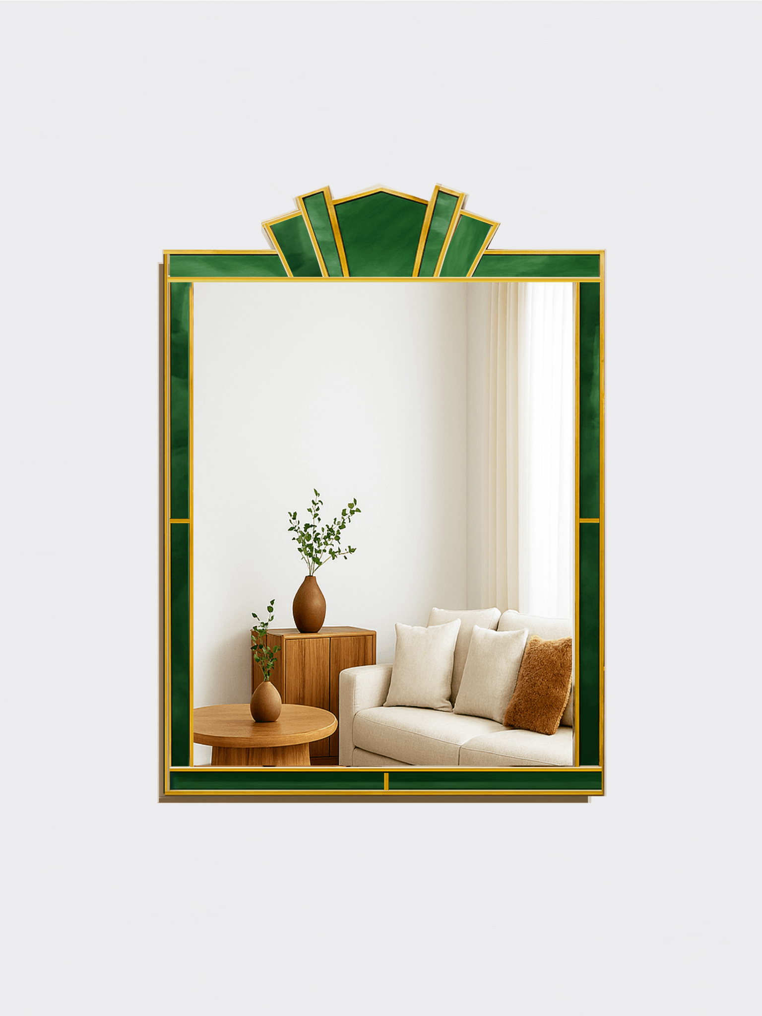 Luxury Stained Glass Art Deco Wall Mirror in Brass